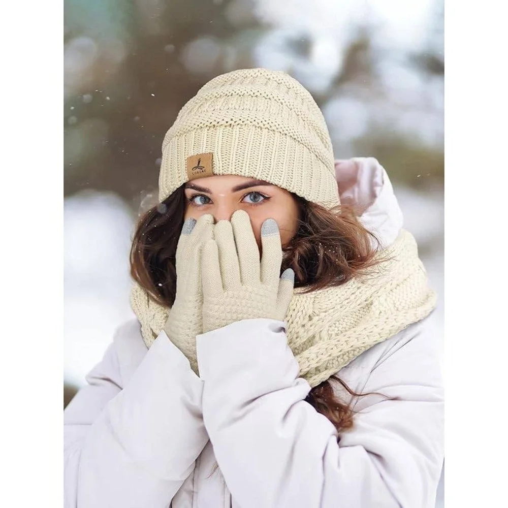 MSRP $31 Winter Beanie Hat Scarf Gloves Set Warm Fleece Knit Hats‎ Touch Screen